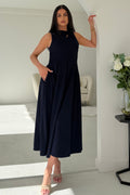 Vestido midi Anastasia con detalle de nudo, color azul marino