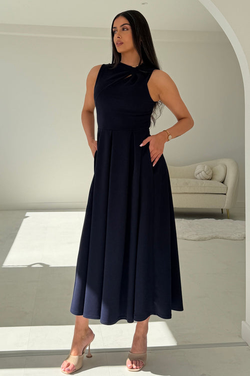 Vestido midi Anastasia con detalle de nudo, color azul marino